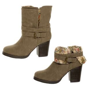 Qupid Rosdale Ankle Boots Womens 7 Brown Fold Over Floral Tapestry Block Heeled